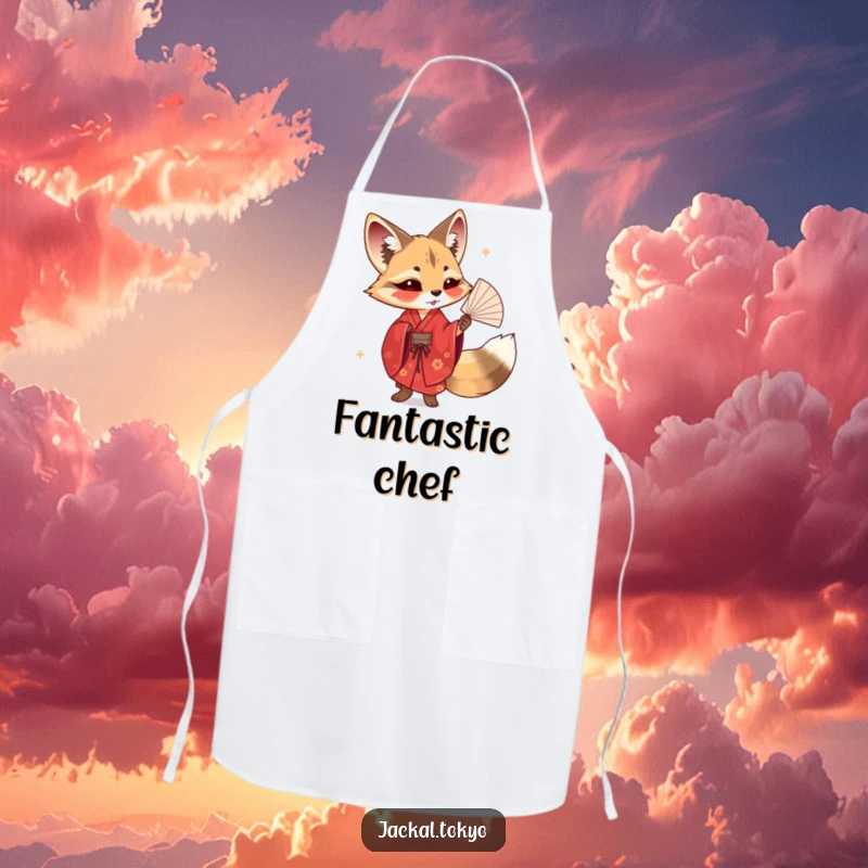 Funny apron adorned with a jackal in a red kimono elegantly twirling a delicate fan, bringing artistic flair to your kitchen.