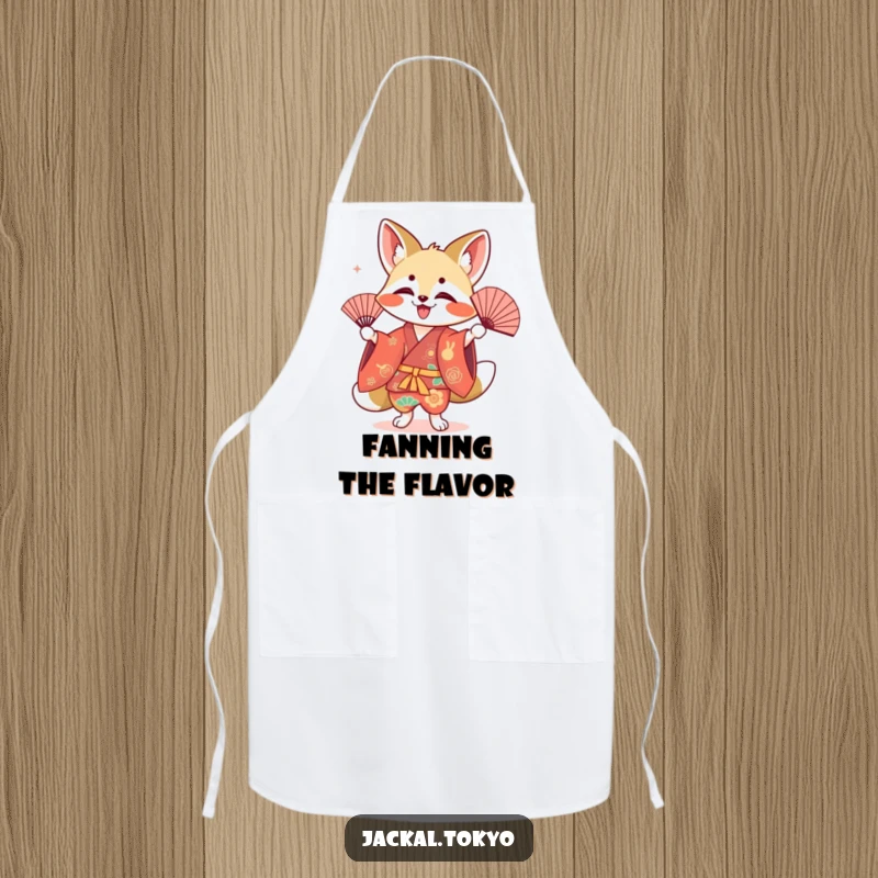 Funny kawaii jackal apron, performing a fan dance, colorful kimono, artistic kitchen wear, durable fabric.