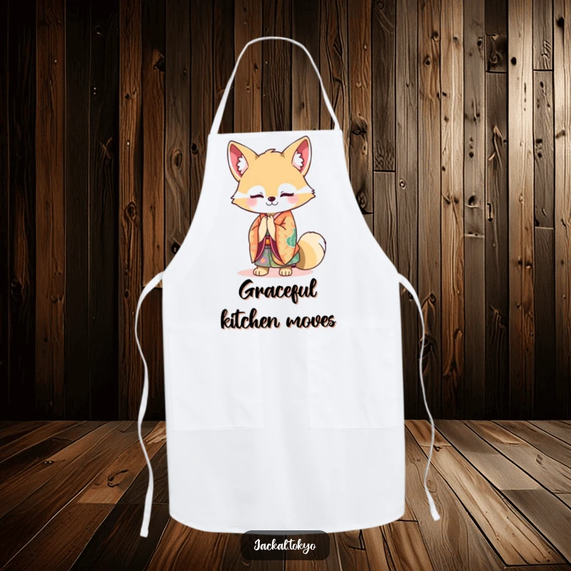 Funny Kawaii Jackal Apron: Chef jackal in a vibrant kimono bows gracefully while cooking, a funny kitchen accessory.