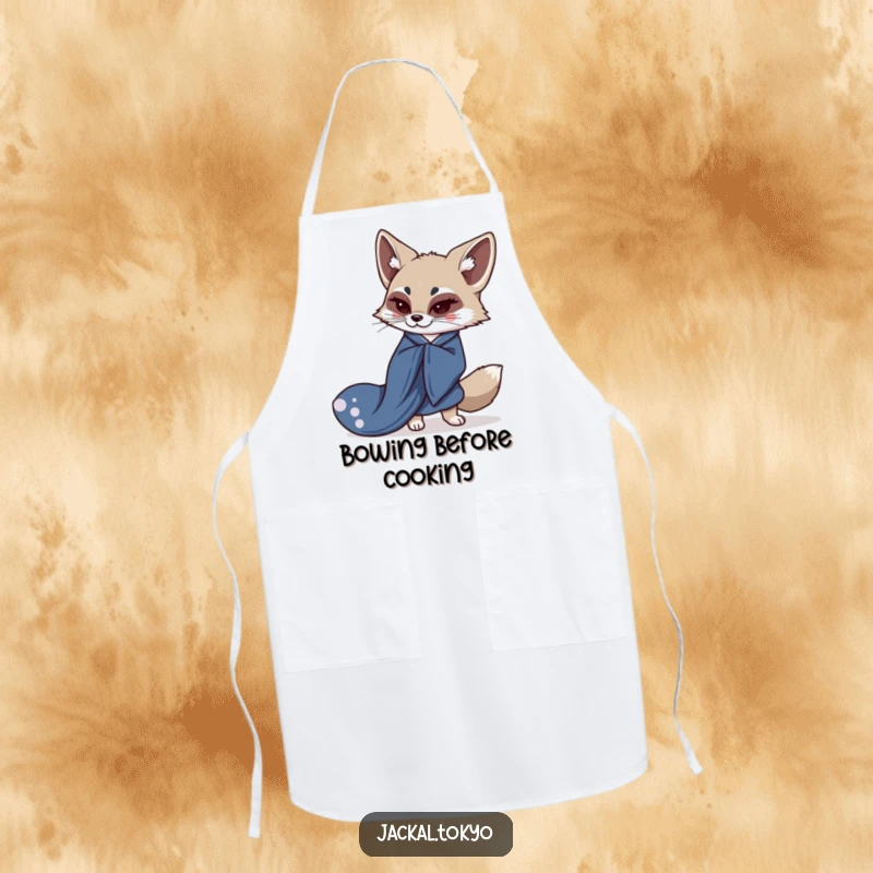 Funny apron adorned with a kawaii jackal gracefully bowing in a flowing indigo kimono, bringing elegance to your kitchen.