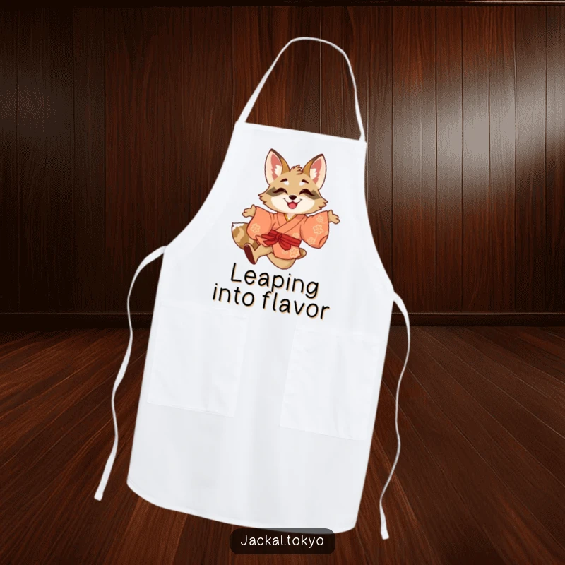 Funny apron adorned with a smiling jackal playfully leaping in a brightly colored kimono, bringing energetic fun to your kitchen.