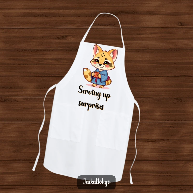 Funny charming jackal in an ornate blue kimono offering a small gift, featured on a cooking apron, symbolizing culinary generosity.