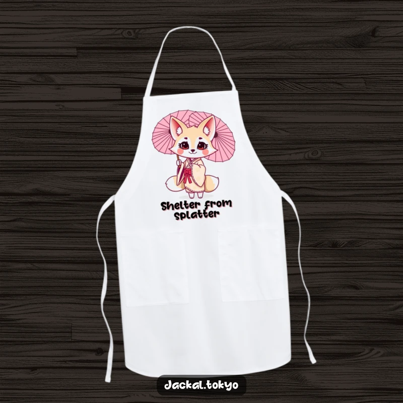 Funny kawaii jackal apron, twirling a parasol, elegant kimono, artistic kitchen wear, durable fabric.