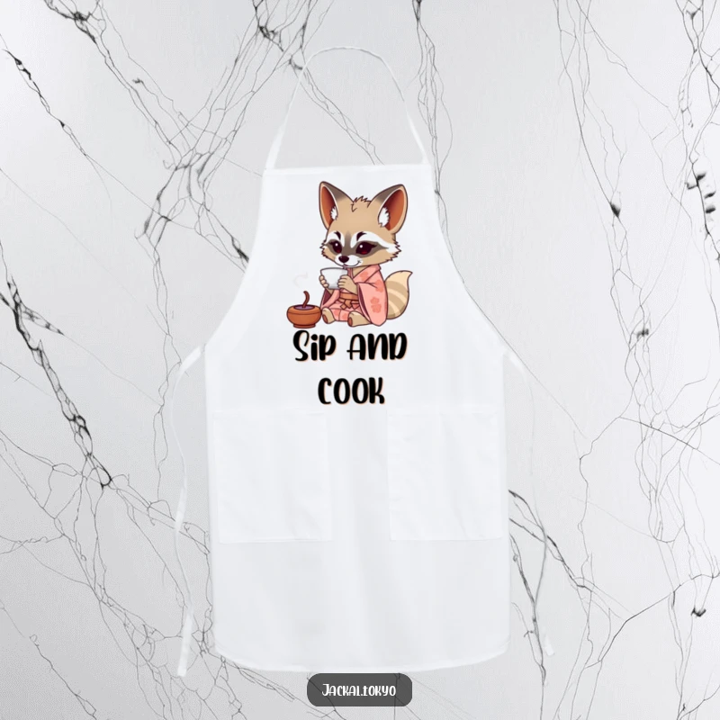 Funny Jackal Apron: A jackal in a patterned kimono sips tea from a tiny cup, adding a humorous and stylish touch to kitchen duties.