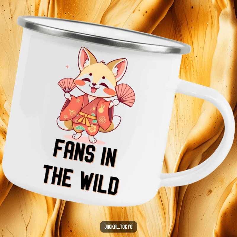 Funny kawaii jackal camping mug, performing a fan dance, colorful kimono, cute drinkware, durable enamel.