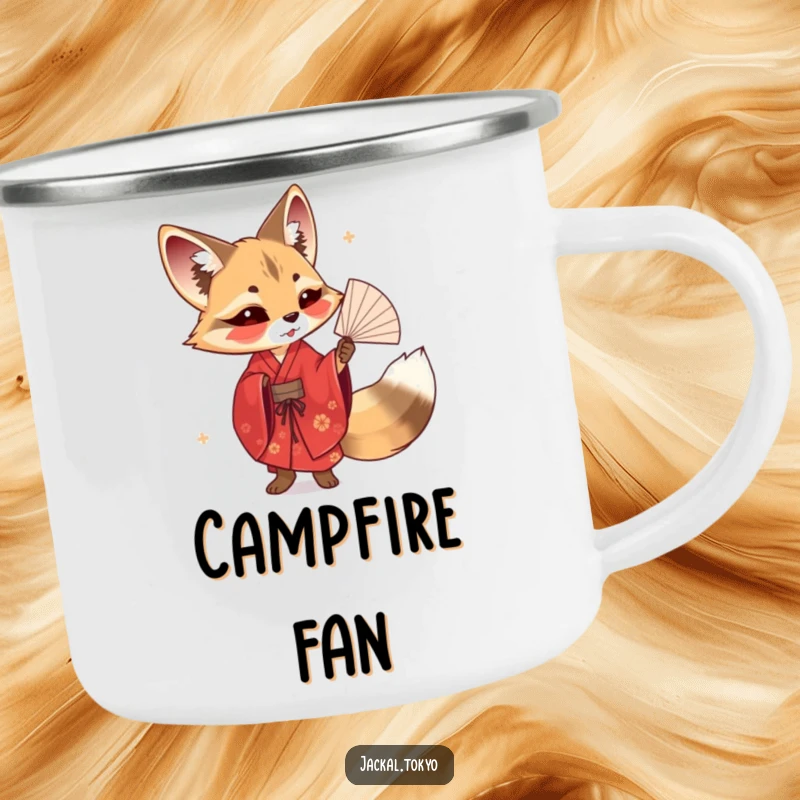 Funny camping mug featuring a jackal in a red kimono elegantly twirling a delicate fan, ready for artistic outdoor sips.