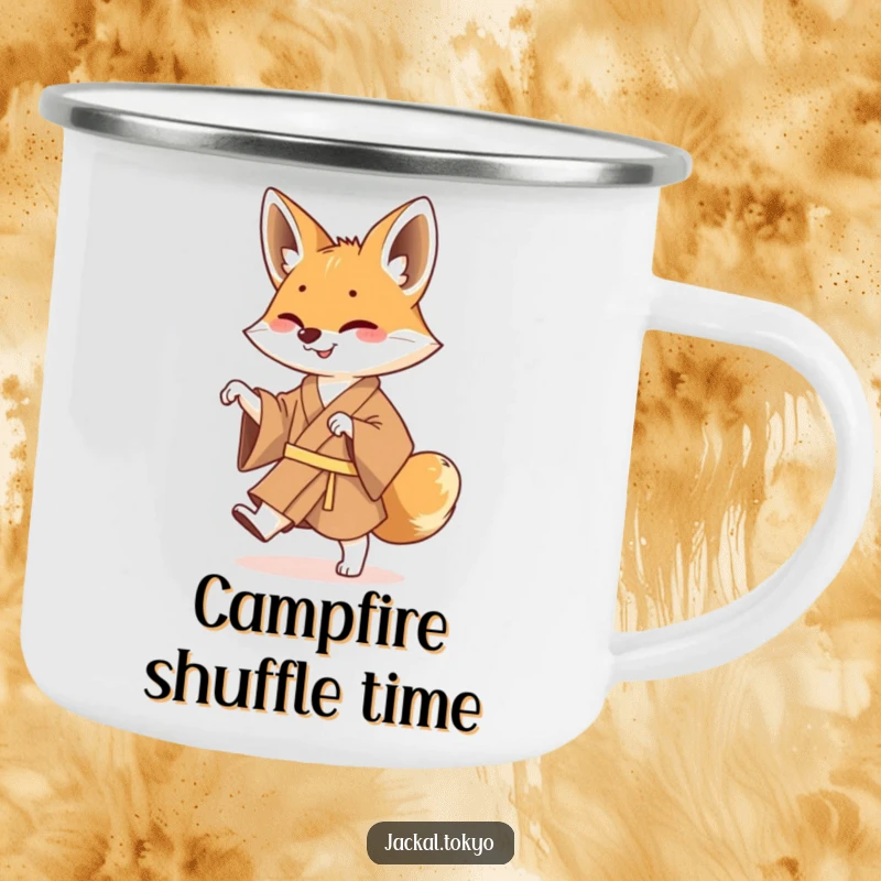 Funny Jackal Kimono Camp Mug: A durable camp mug featuring a jackal in a brown kimono doing a funny shuffle dance.