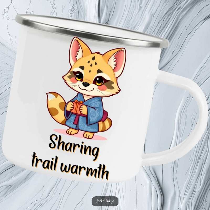 Funny charming jackal in an ornate blue kimono offering a small gift on a camping mug, representing thoughtful outdoor gestures.