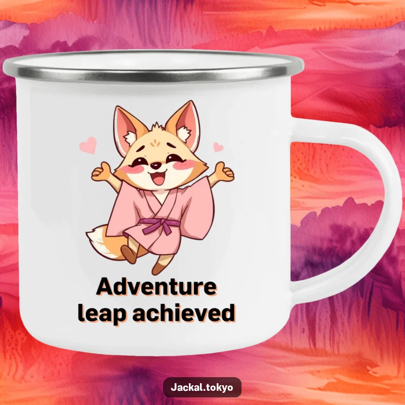 Funny happy jackal in a pink kimono leaping joyfully on a camping mug, perfect for outdoor celebrations.