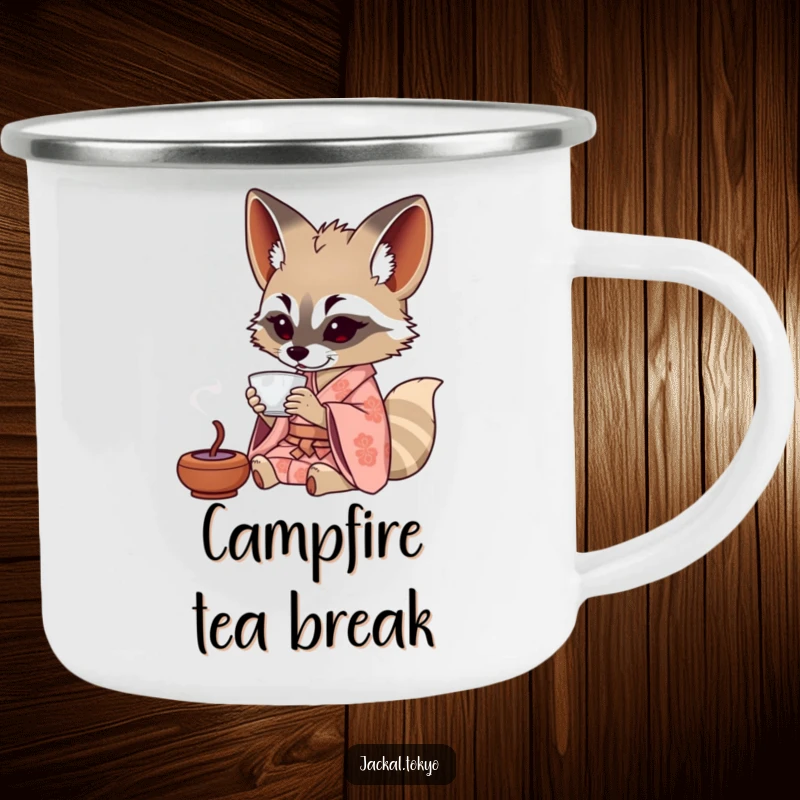 Funny Jackal Camping Mug: A jackal in a patterned kimono sips tea from a tiny cup, ready for outdoor relaxation and humor.