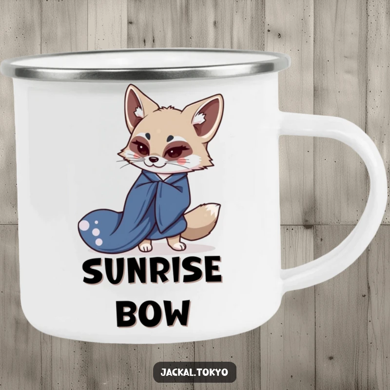 Funny camping mug featuring a kawaii jackal gracefully bowing in a flowing indigo kimono, ready for elegant outdoor sips.