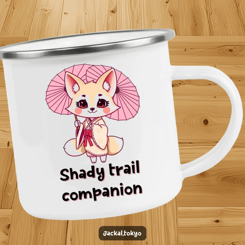 Funny kawaii jackal camping mug, twirling a parasol, elegant kimono, cute drinkware, durable enamel.