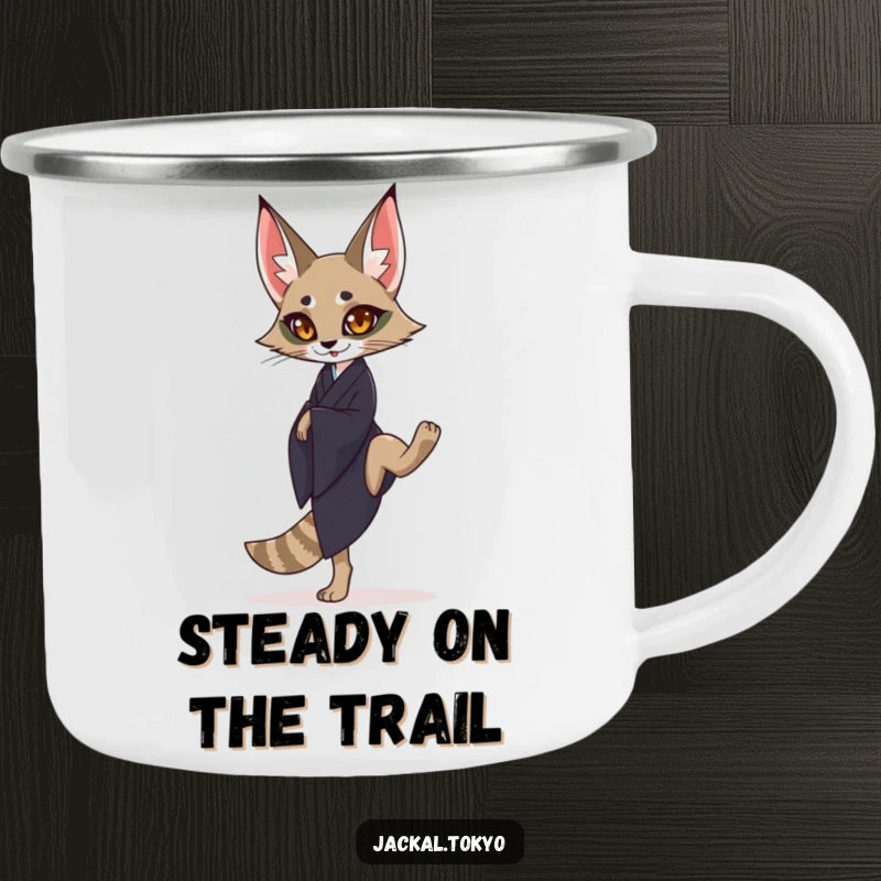 Funny graceful jackal in a dark kimono balancing on one leg on a camping mug, representing serene outdoor moments.