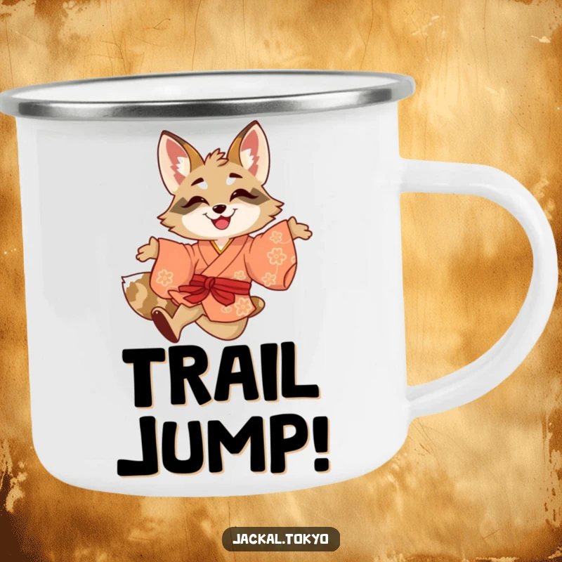 Funny camping mug featuring a smiling jackal playfully leaping in a brightly colored kimono, ready for energetic outdoor sips.