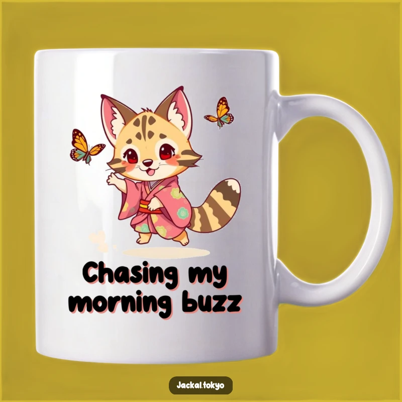 Funny Jackal Kimono Mug: Playful Butterfly Chase Gift for Fun Mornings