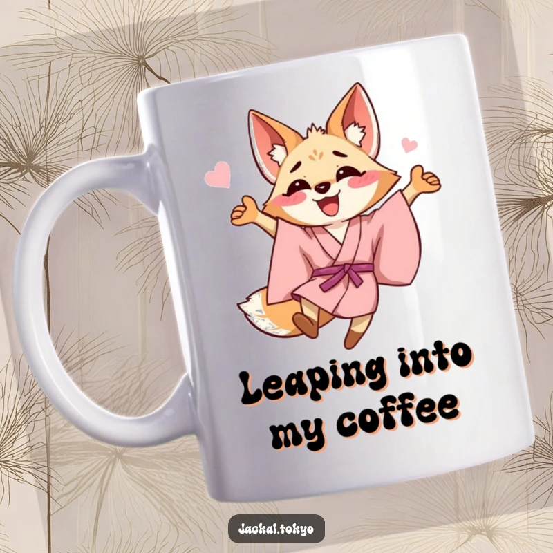 Funny happy jackal in a pink kimono joyfully leaping, depicted on a mug, celebrating life s happy moments.