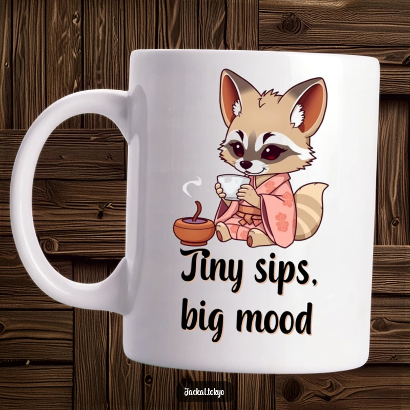 Funny Jackal Mug: A jackal in a patterned kimono elegantly sips tea from a tiny cup, exuding sophisticated humor and charm.