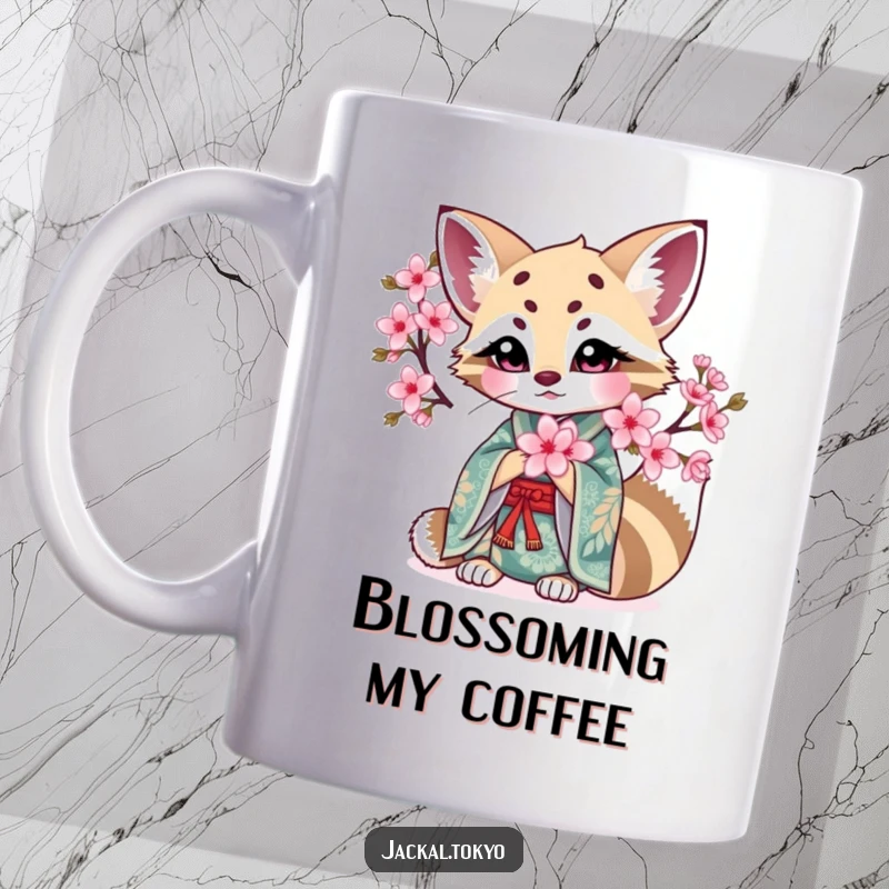 Funny Kawaii Jackal Mug: Intricate kimono jackal holds a blooming cherry blossom, embodying funny grace and nature.