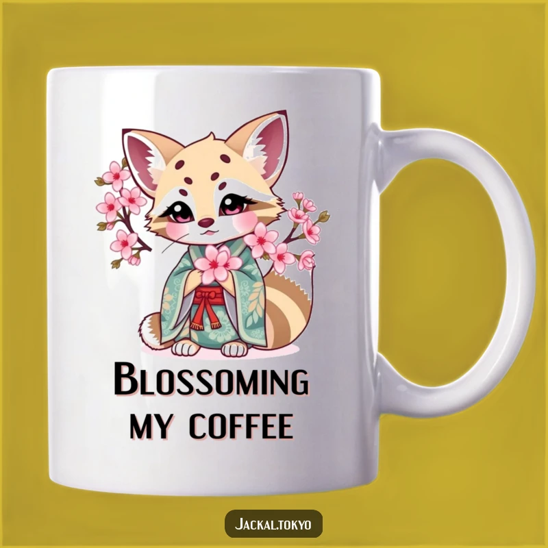 Funny Kawaii Jackal Blossom Mug: Intricate Kimono, Perfect Funny Gift for Nature Lovers