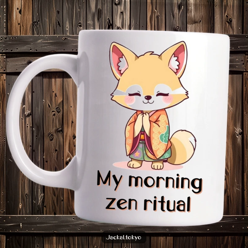 Funny Kawaii Jackal Mug: A charming jackal in a vibrant kimono bows gracefully, wearing a slight smile, perfect for a funny gift.
