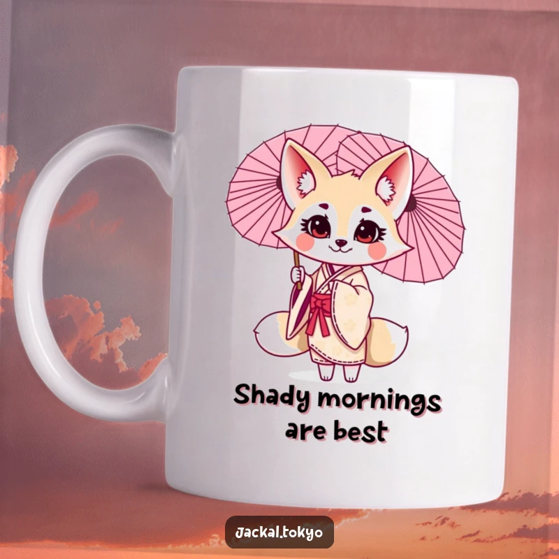 Funny kawaii jackal mug, twirling a parasol, elegant kimono, playful expression, Japanese inspired art, cute animal illustration.