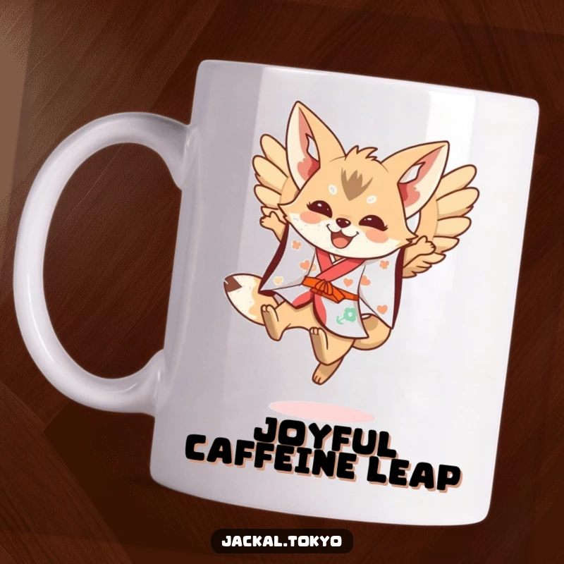 Funny Kawaii Jackal Mug: A cute jackal in a festive kimono leaps with wings spread, embodying funny joy and freedom.