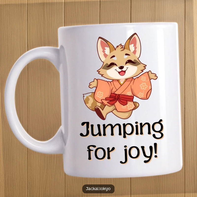 Funny mug featuring a smiling jackal in a brightly colored kimono playfully leaping with infectious energy and pure joy.