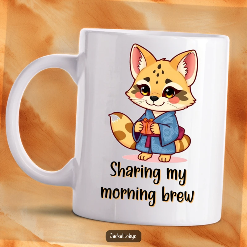 Funny charming jackal in an ornate blue kimono offering a small gift, depicted on a mug, symbolizing thoughtful giving.