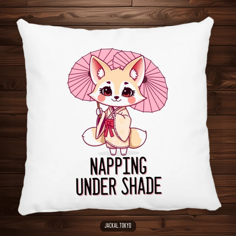 Funny kawaii jackal pillow, twirling a parasol, elegant kimono, soft cushion, cute decor.