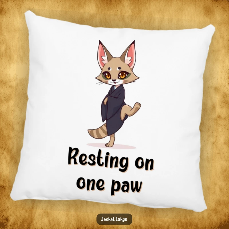 Funny graceful jackal in a dark kimono balancing on one leg, depicted on a soft pillow, adding serene accents.