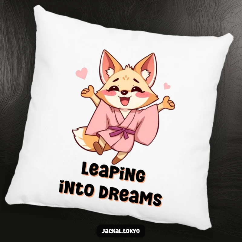 Funny happy jackal in a pink kimono leaping with joy, depicted on a soft pillow, perfect for adding cheerful accents.