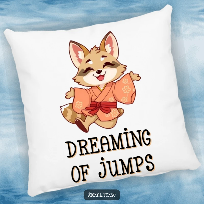 Funny pillow featuring a smiling jackal playfully leaping in a brightly colored kimono, embodying cozy energy and vibrant fun.