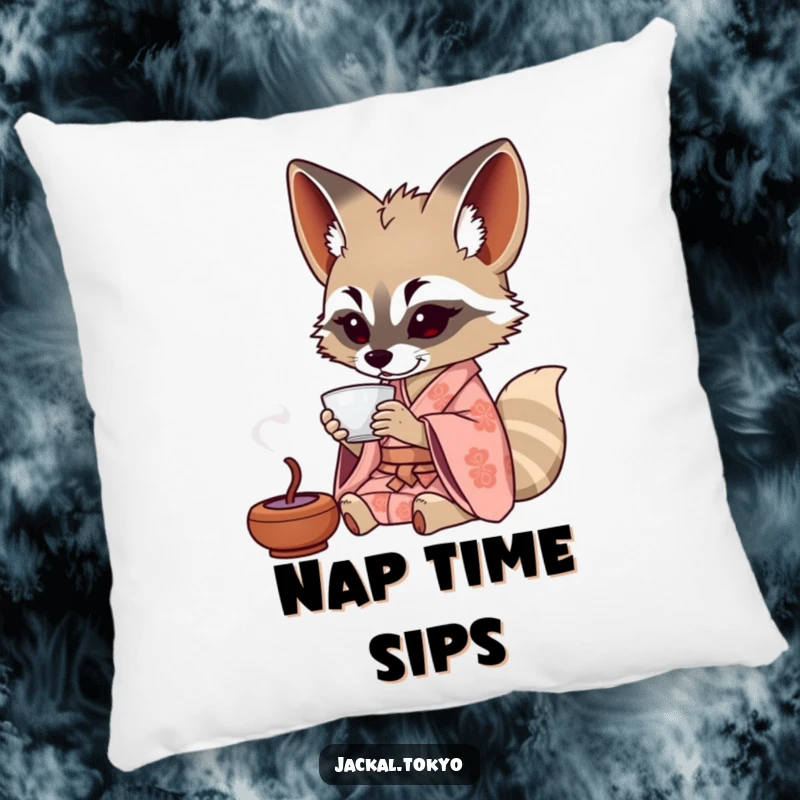 Funny Jackal Pillow: A jackal in a patterned kimono sips tea from a tiny cup, offering plush comfort and a touch of elegant humor.