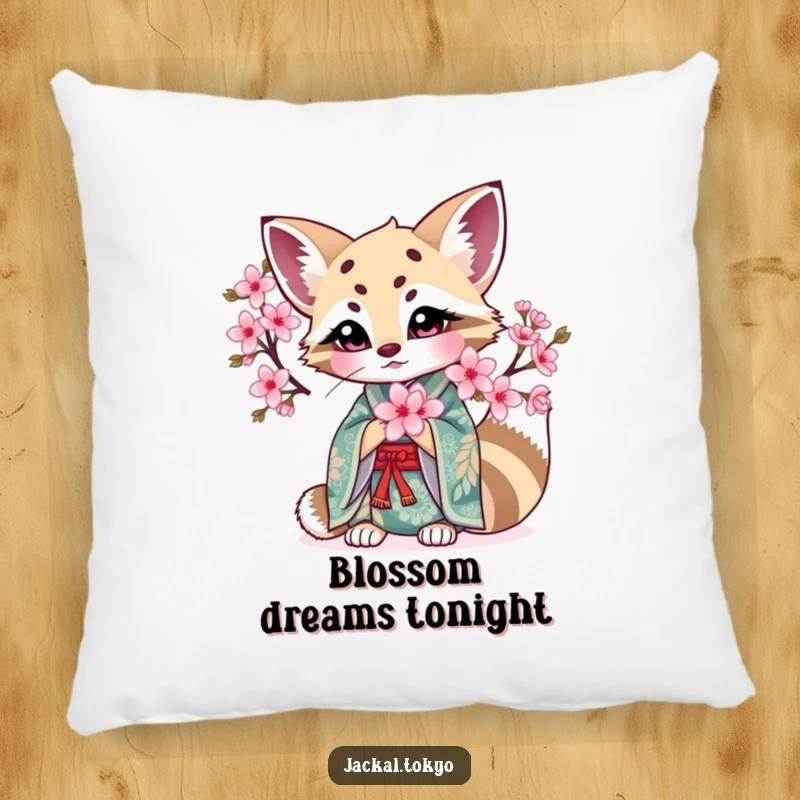 Funny Kawaii Jackal Pillow: Intricate kimono jackal holding a cherry blossom, a soft and funny decorative item.