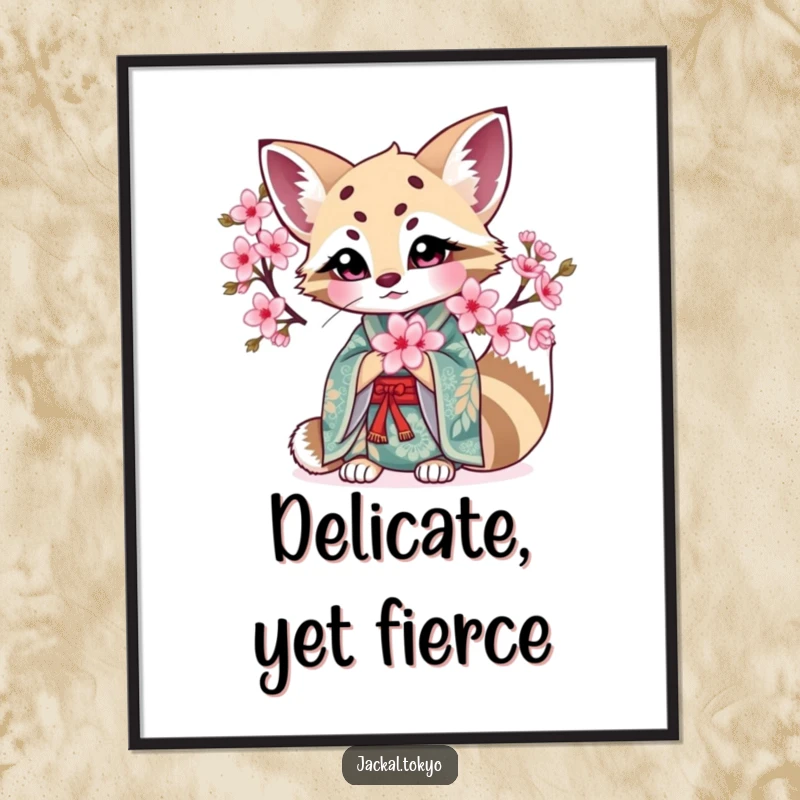 Funny Kawaii Jackal Digital Art Print: Intricate kimono jackal holds a cherry blossom, offering instant funny elegance.