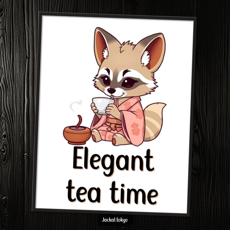 Funny Jackal Digital Art Print: A jackal in a patterned kimono sips tea from a tiny cup, ideal for humorous digital decor.