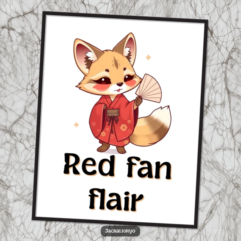 Funny digital art print of a jackal in a red kimono elegantly twirling a delicate fan, capturing grace and performance art.
