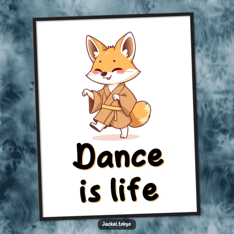 Funny Jackal Kimono Dance Digital Art: Printable art of a jackal in a brown kimono doing a funny, energetic shuffle dance.