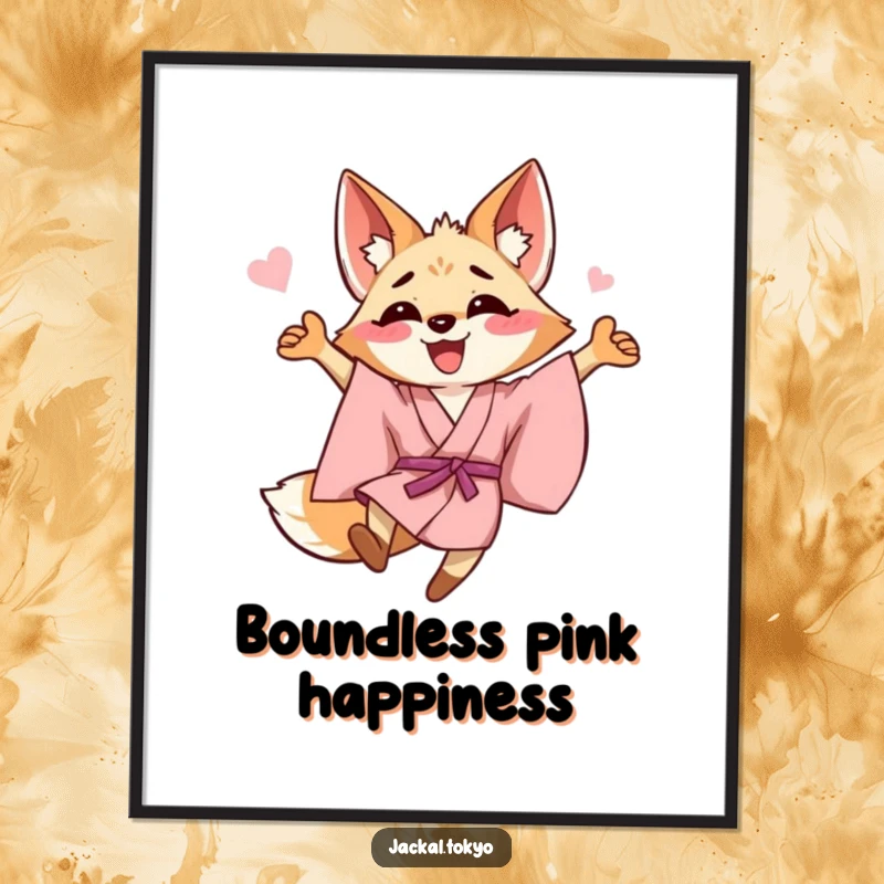 Funny happy jackal in a pink kimono performing a celebratory leap, rendered as joyful digital art for instant download.