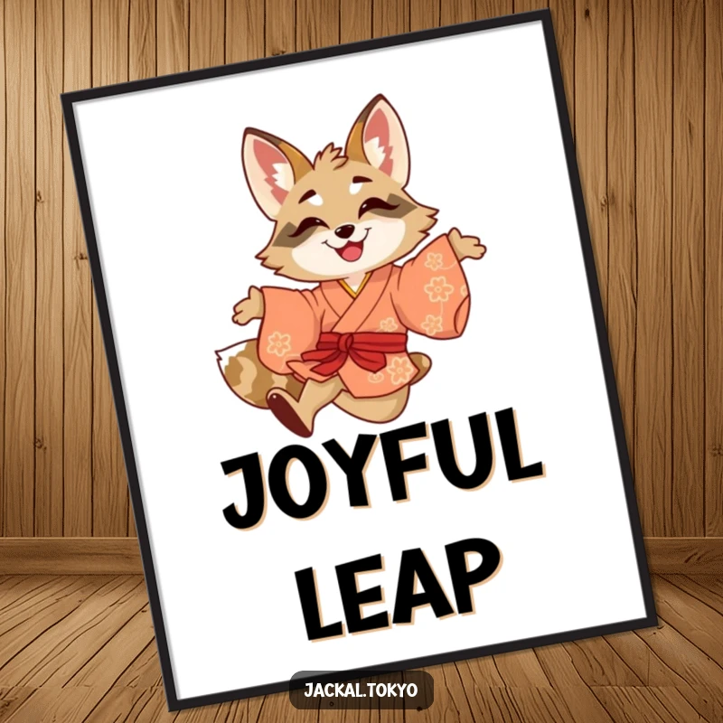 Funny digital art print of a smiling jackal mid-leap in a brightly colored kimono, capturing energetic movement and pure joy.