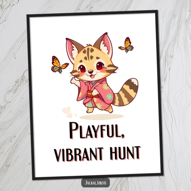 Funny playful jackal in a colorful kimono chasing a butterfly, rendered as whimsical digital art for instant download.