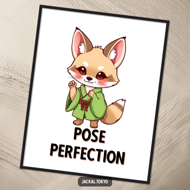 Funny Jackal Digital Art Print: A cute jackal in a green kimono strikes a charming pose, ideal for humorous digital or printed decor.