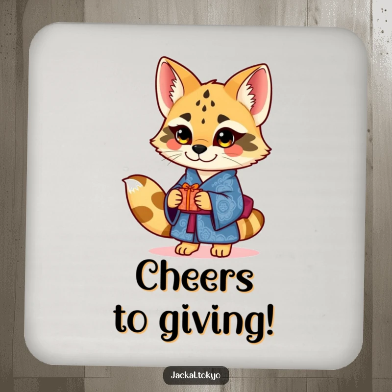 Funny charming jackal in an ornate blue kimono offering a small gift on a drink coaster, offering thoughtful surface protection.