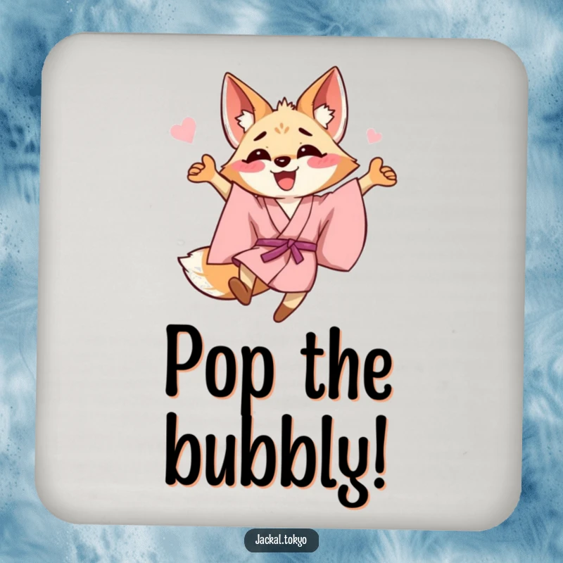 Funny happy jackal in a pink kimono leaping on a drink coaster, offering joyful surface protection.