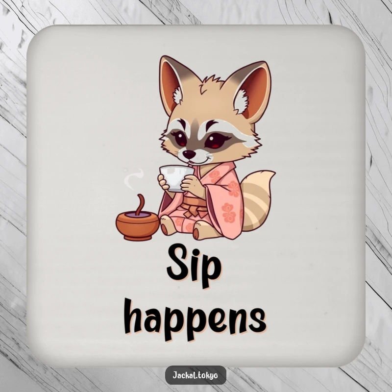 Funny Jackal Coaster: A jackal in a patterned kimono sips tea from a tiny cup, offering humorous protection for your tables.