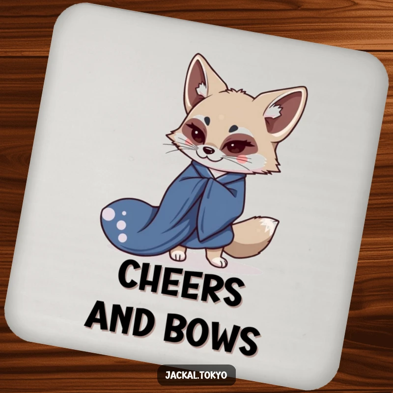 Funny drink coaster showcasing a kawaii jackal gracefully bowing in a flowing indigo kimono, bringing elegant Eastern charm.