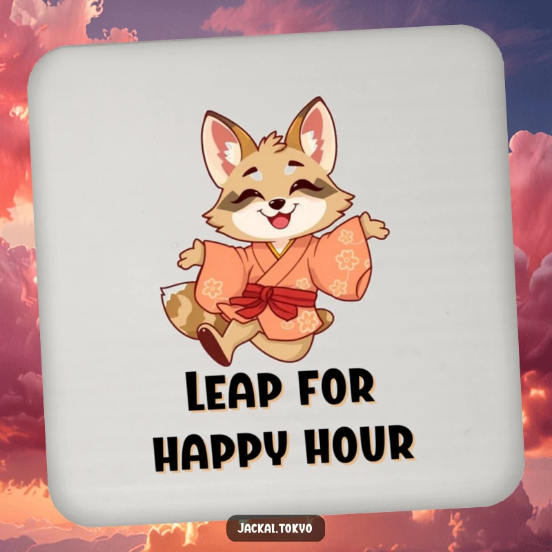 Funny drink coaster showcasing a smiling jackal playfully leaping in a brightly colored kimono, bringing playful flair.