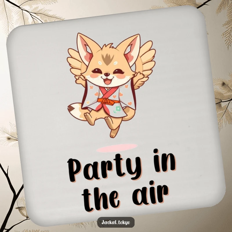 Funny Kawaii Jackal Coaster: Festive kimono jackal leaping with spread wings, a protective and funny gift.