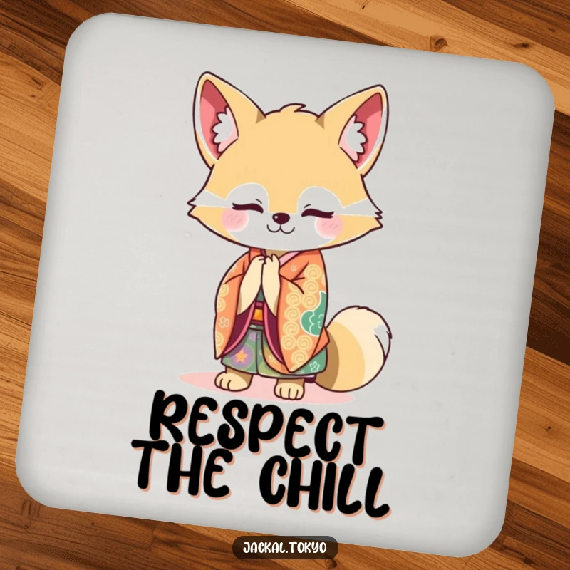 Funny Kawaii Jackal Coaster: Vibrant kimono jackal bowing gracefully, a protective and funny gift for tables.