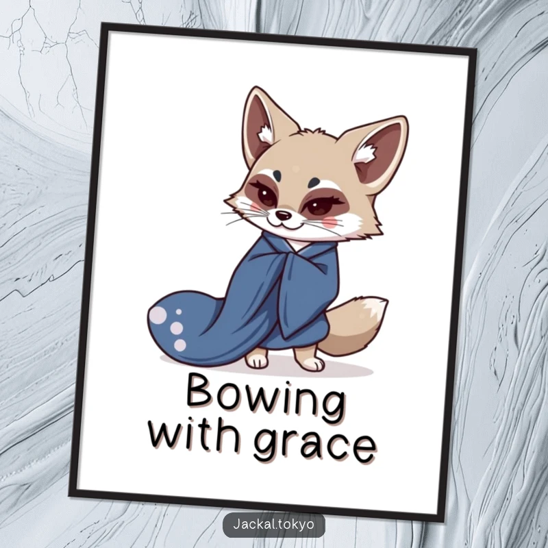Funny poster featuring a kawaii jackal elegantly bowing in a flowing indigo kimono, showcasing graceful Japanese-inspired art.